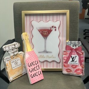 Gucci Pink Champagne Bottle & Framed Martini Wall Art - Gucci Brand Home Accent